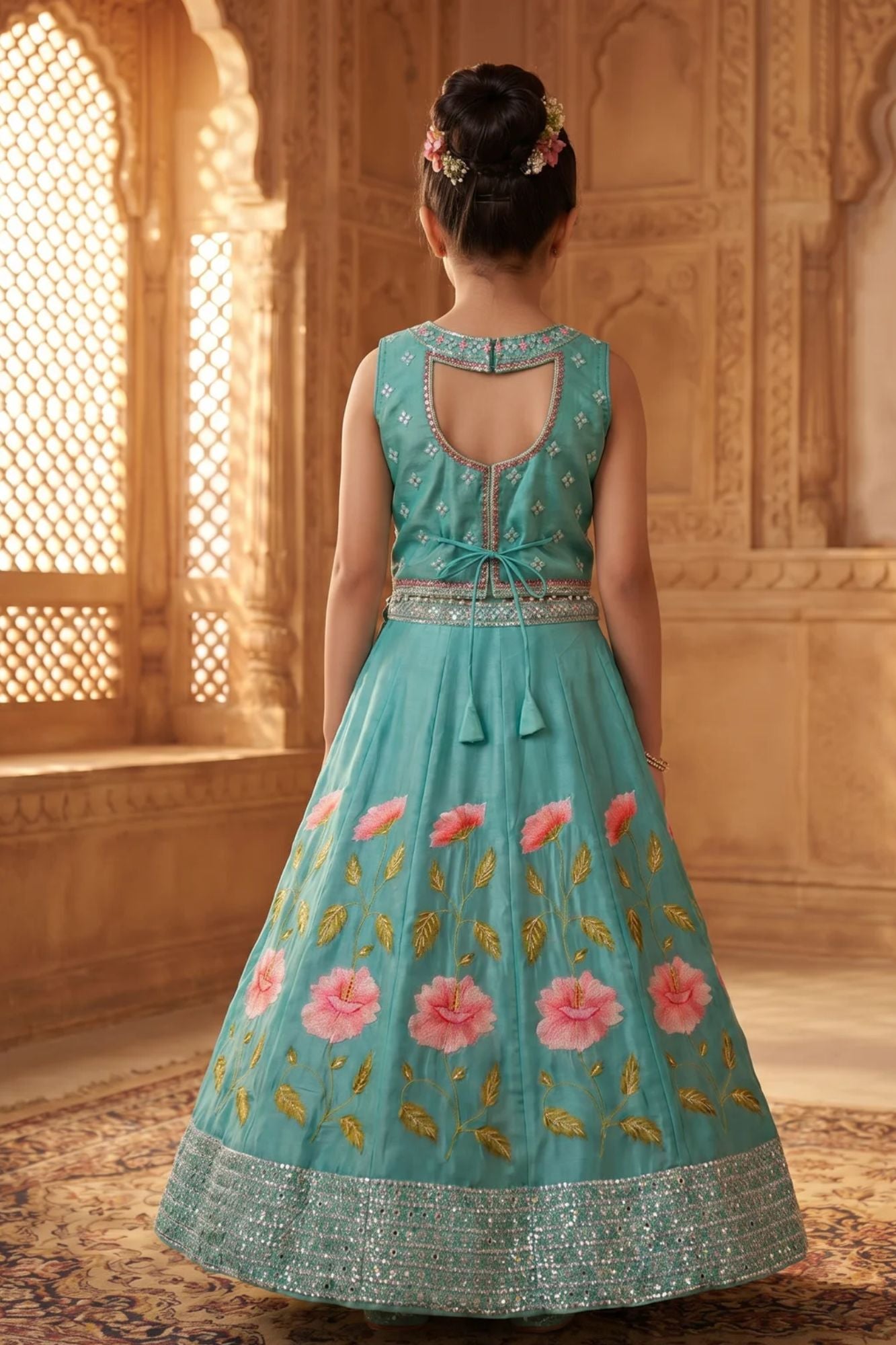 Pista Floral Embroidered Lehenga Choli Set With Dupatta for Girls