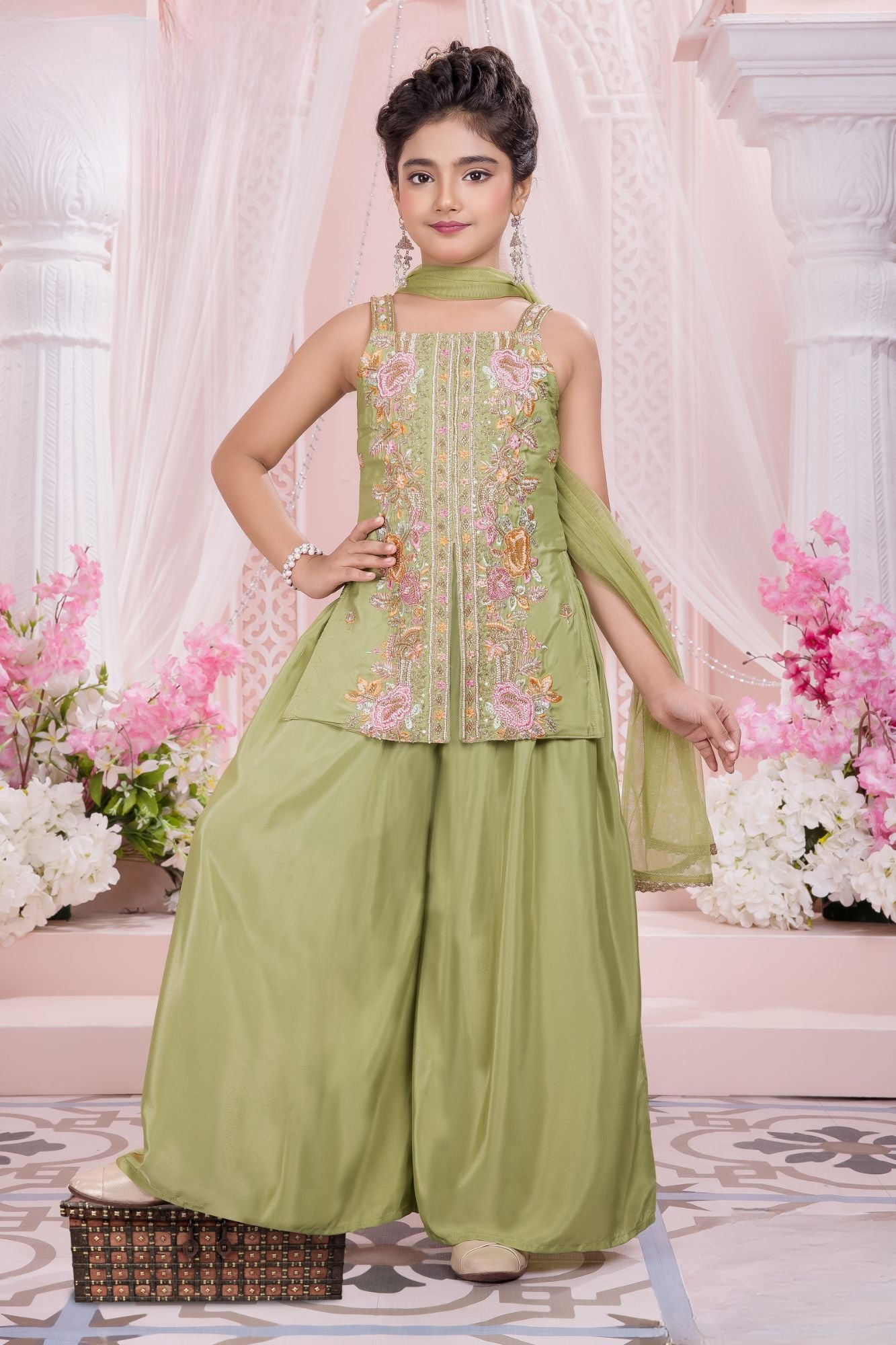 Girls Pista Green Palazzo Set with Heavy Floral Embroidered Kurti And Dupatta