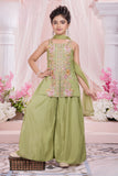 Girls Pista Green Palazzo Set with Heavy Floral Embroidered Kurti And Dupatta