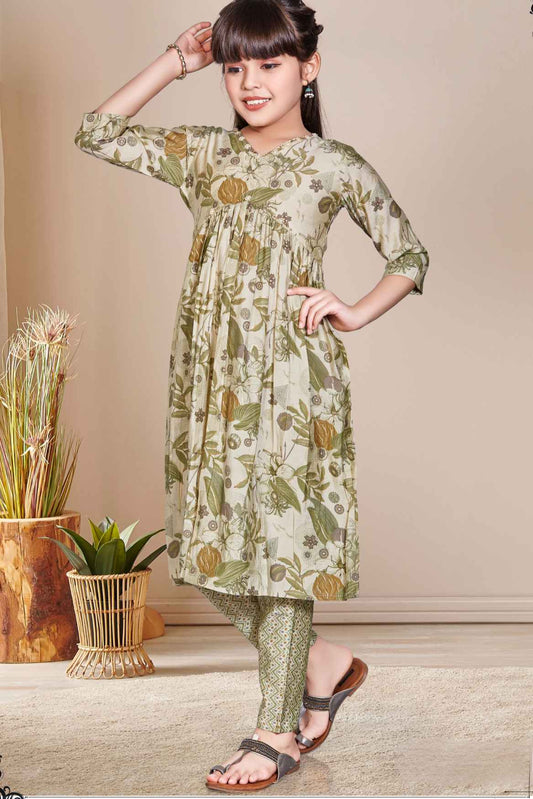 Green 3/4th Sleeves With Floral Printed And Pearl Work Kurta Set For Girls