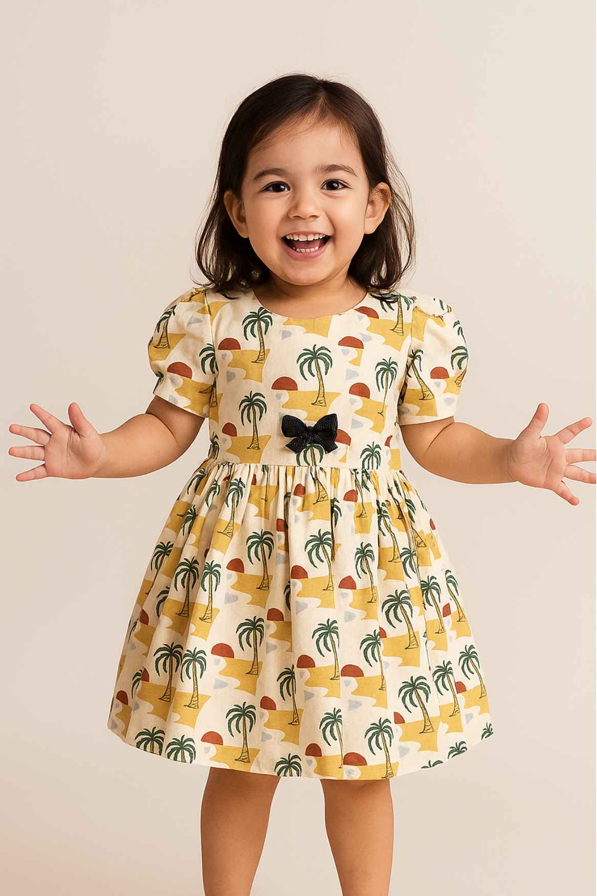 Beige Tropical Print Cotton Frock With Puff Sleeves & Bow Detail For Girls