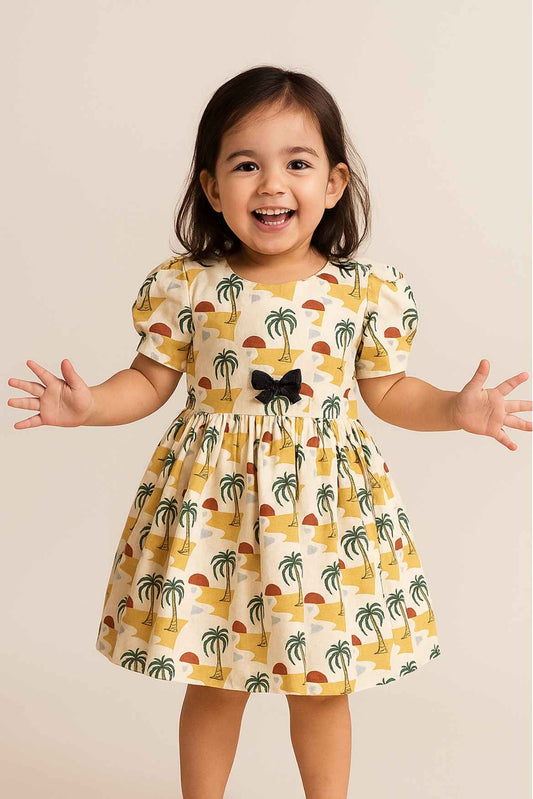 Beige Tropical Print Cotton Frock With Puff Sleeves & Bow Detail For Girls
