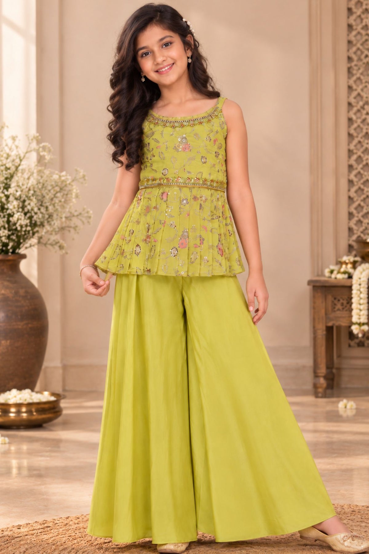 Mustard Zari Embroidery With Sequins Work Palazzo Set For Girls