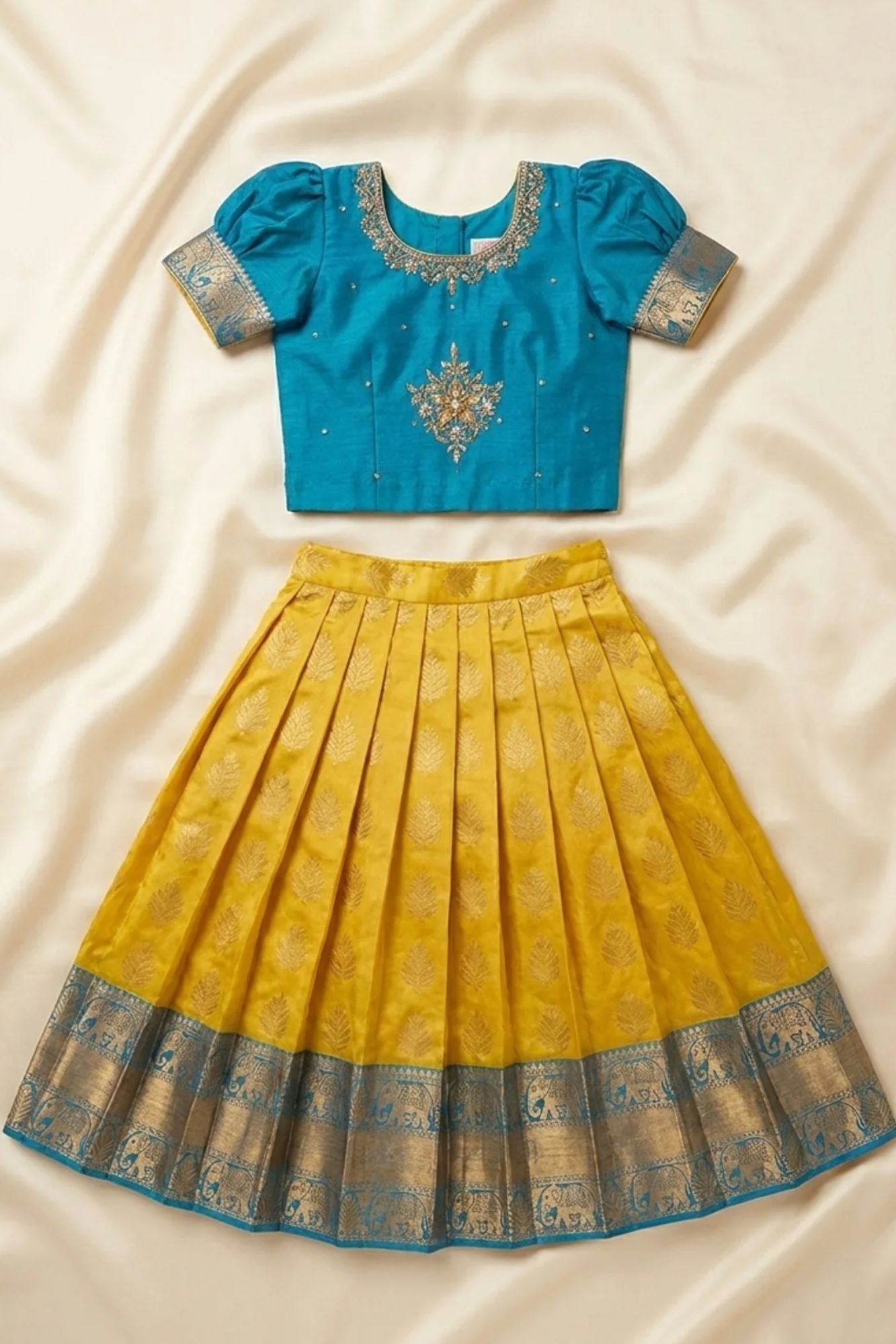 Girls Olive Green and Teal Blue Embroidered Pattu Pavadai Set with Dupatta