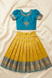 Girls Olive Green and Teal Blue Embroidered Pattu Pavadai Set with Dupatta