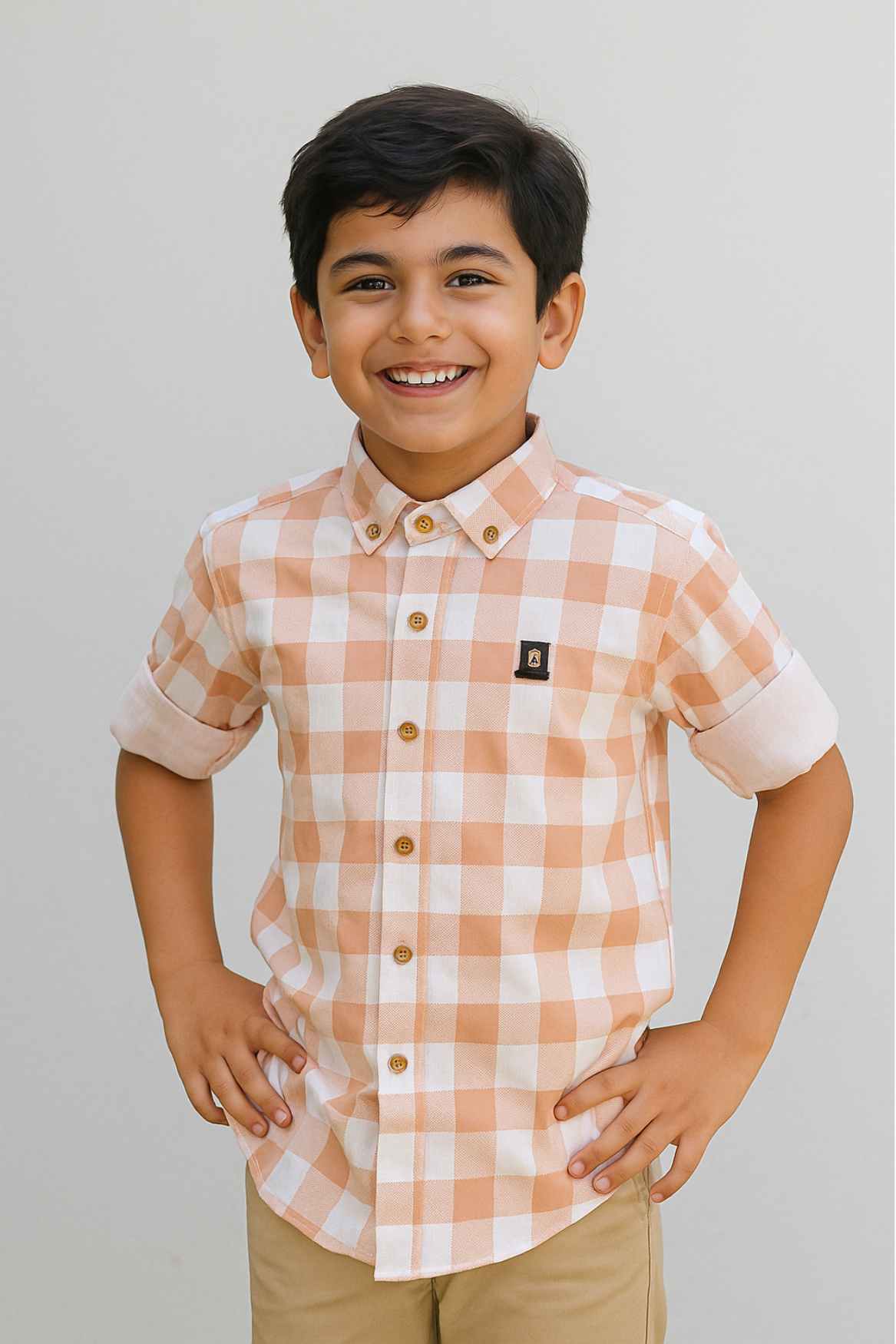 Peach And White Gingham Check Shirt  For Boys