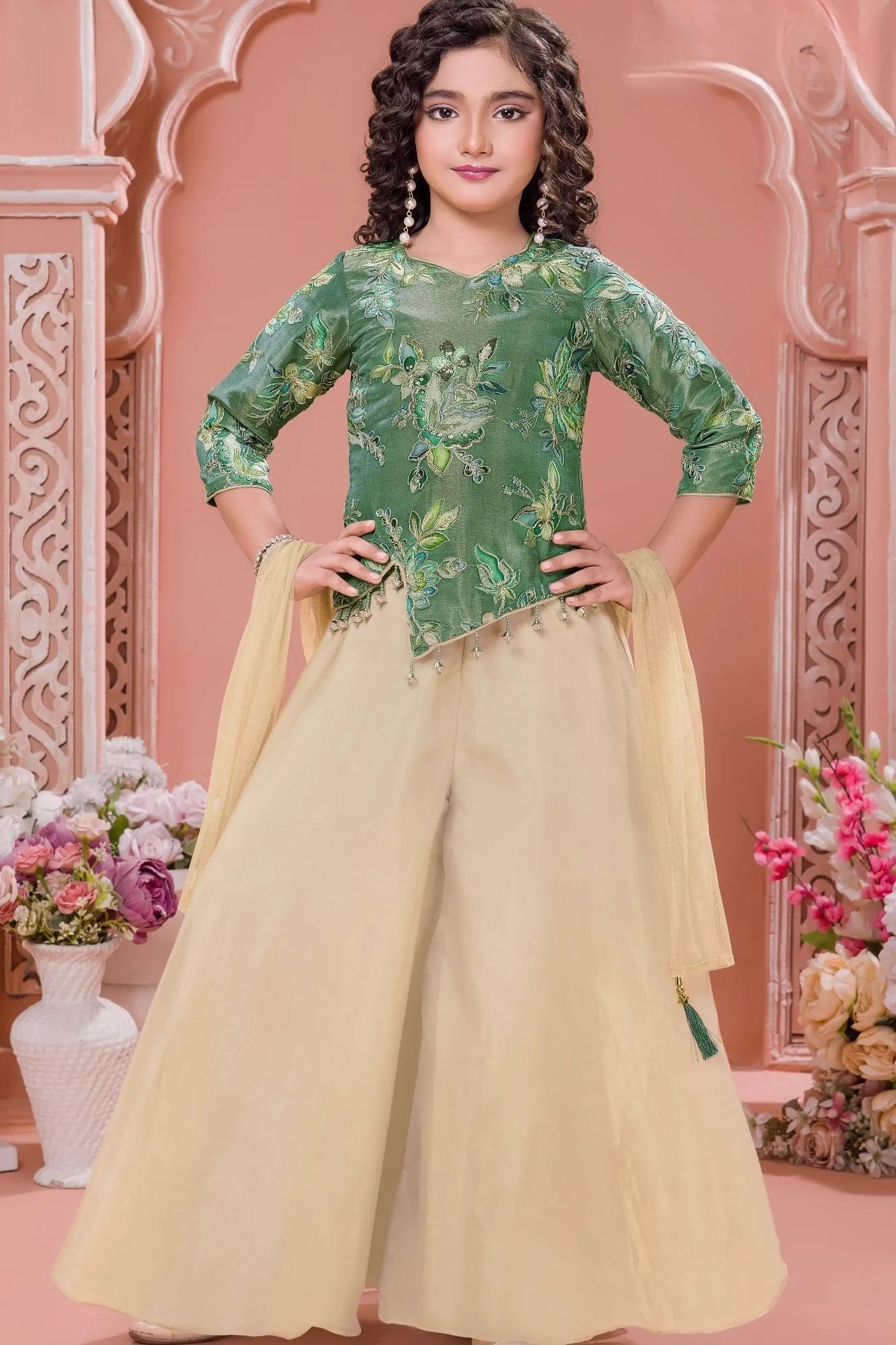 Green Embroidered Top with Ivory Palazzo Set And Dupatta For Girls