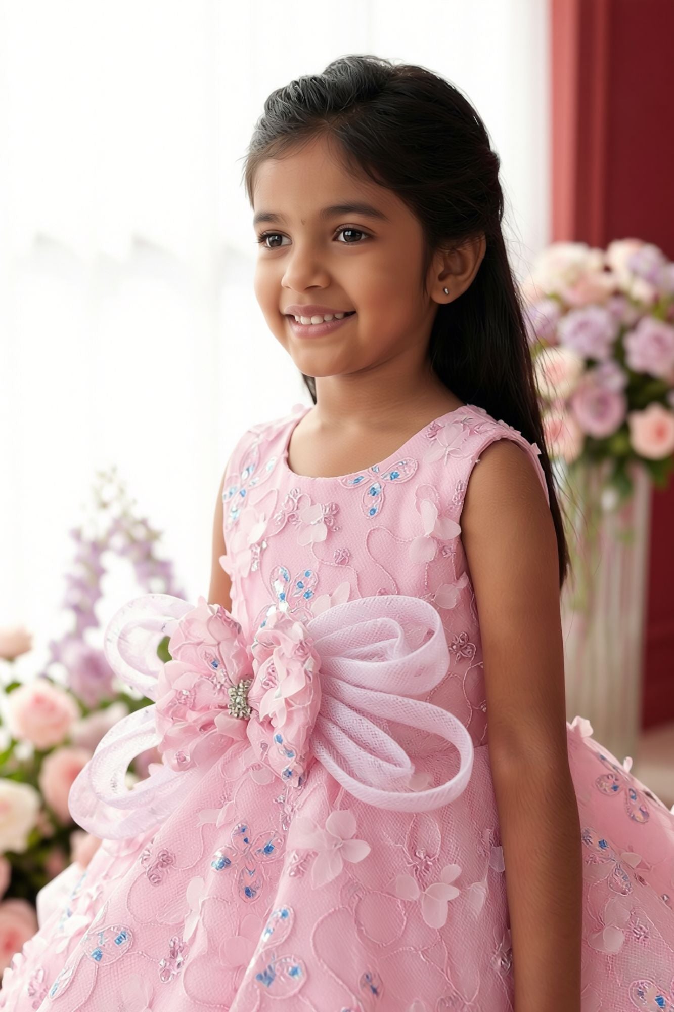 Girls Pink Layered Party Wear Gown with Floral Embroidery And Statement Bow