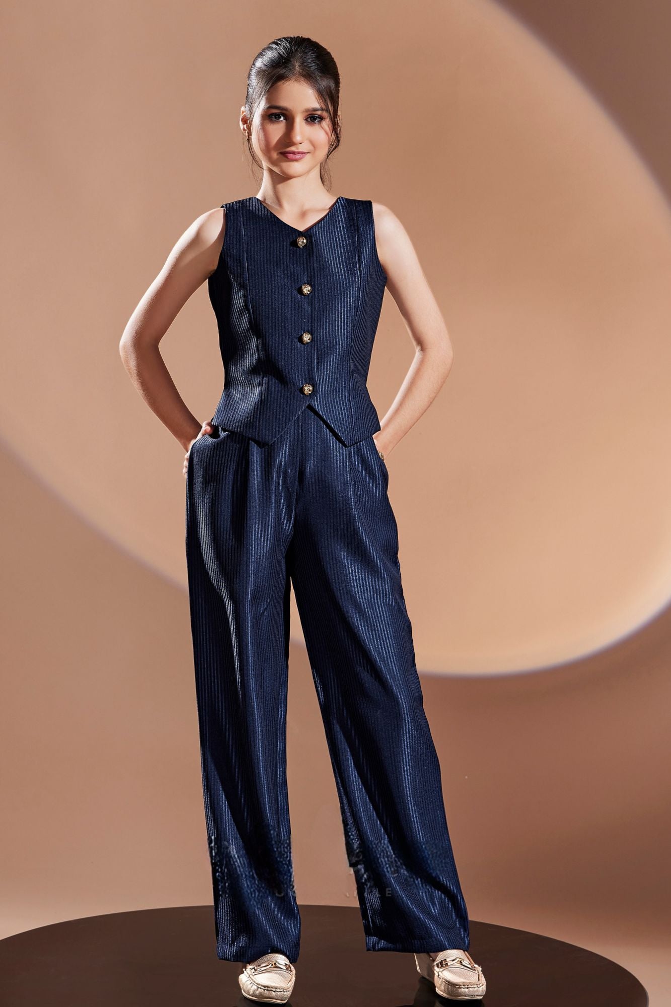 Girls Navy Blue Co-Ord Set With Sleeveless Top And Wide-Leg Pants