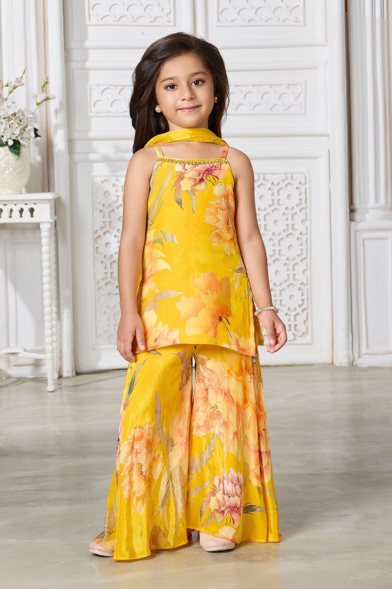 Girls Yellow Floral Foil Printed Palazzo Set With Dupatta