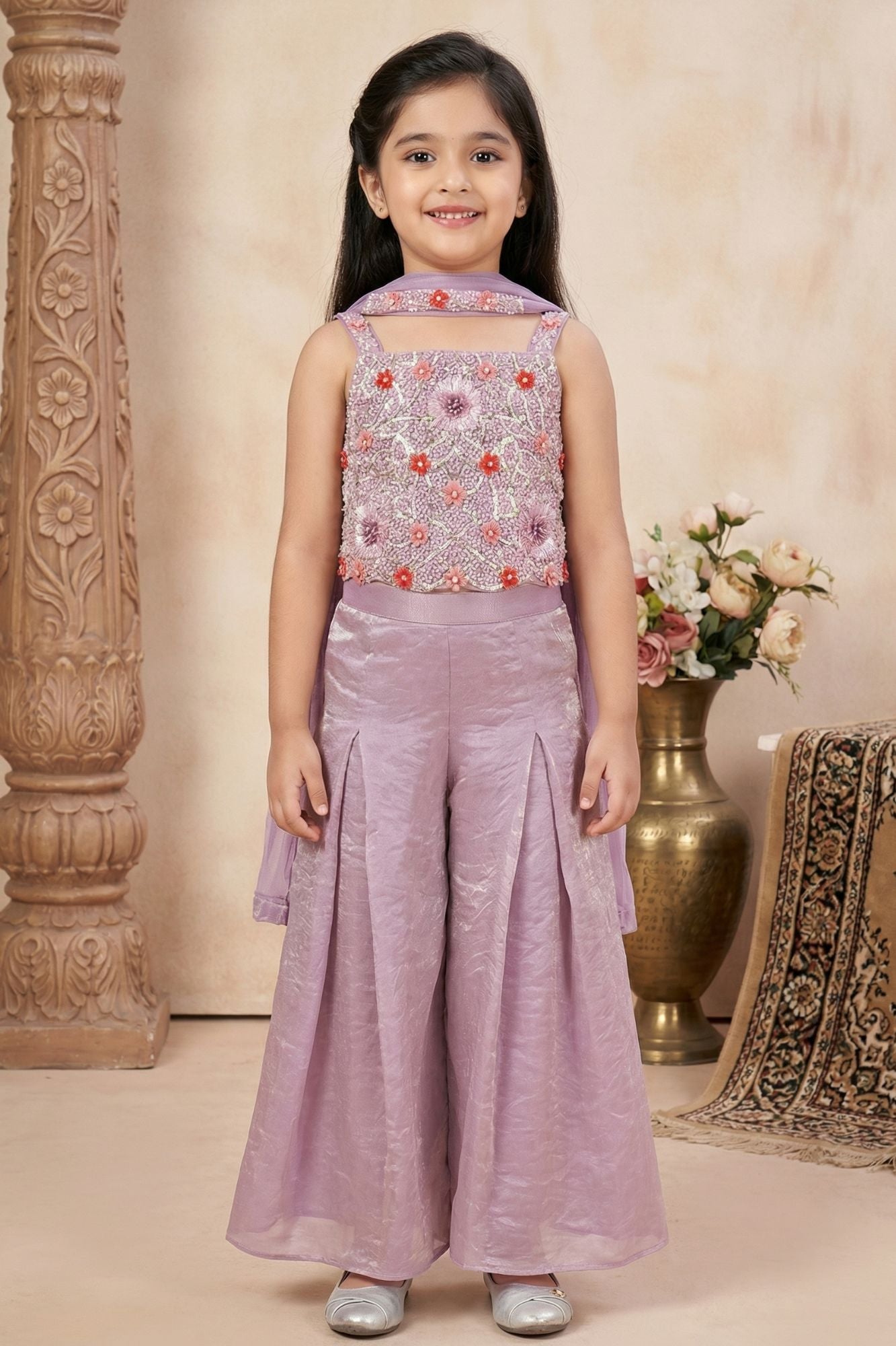 Lavender Embroidered Palazzo Set With Dupatta For Girls
