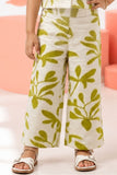 Girls White And Green Floral Printed Co-Ord Set with Sleeveless Bow Strap Top And Flared Pants