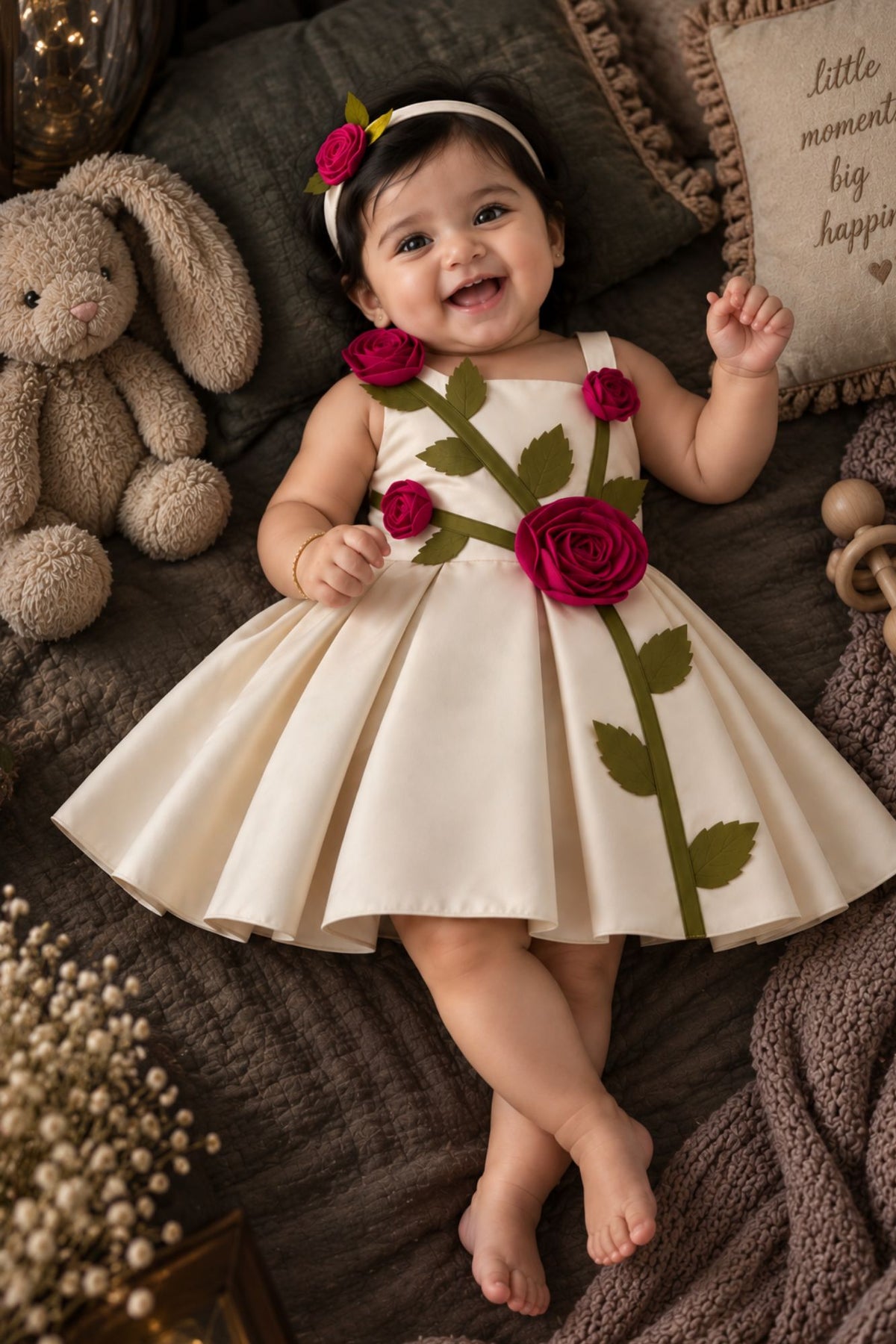 Girls Fawn 3D Rose Applique Party Wear Frock