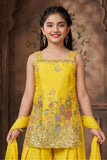 Yellow Floral Sequin Work Palazzo Set with Dupatta For Girls