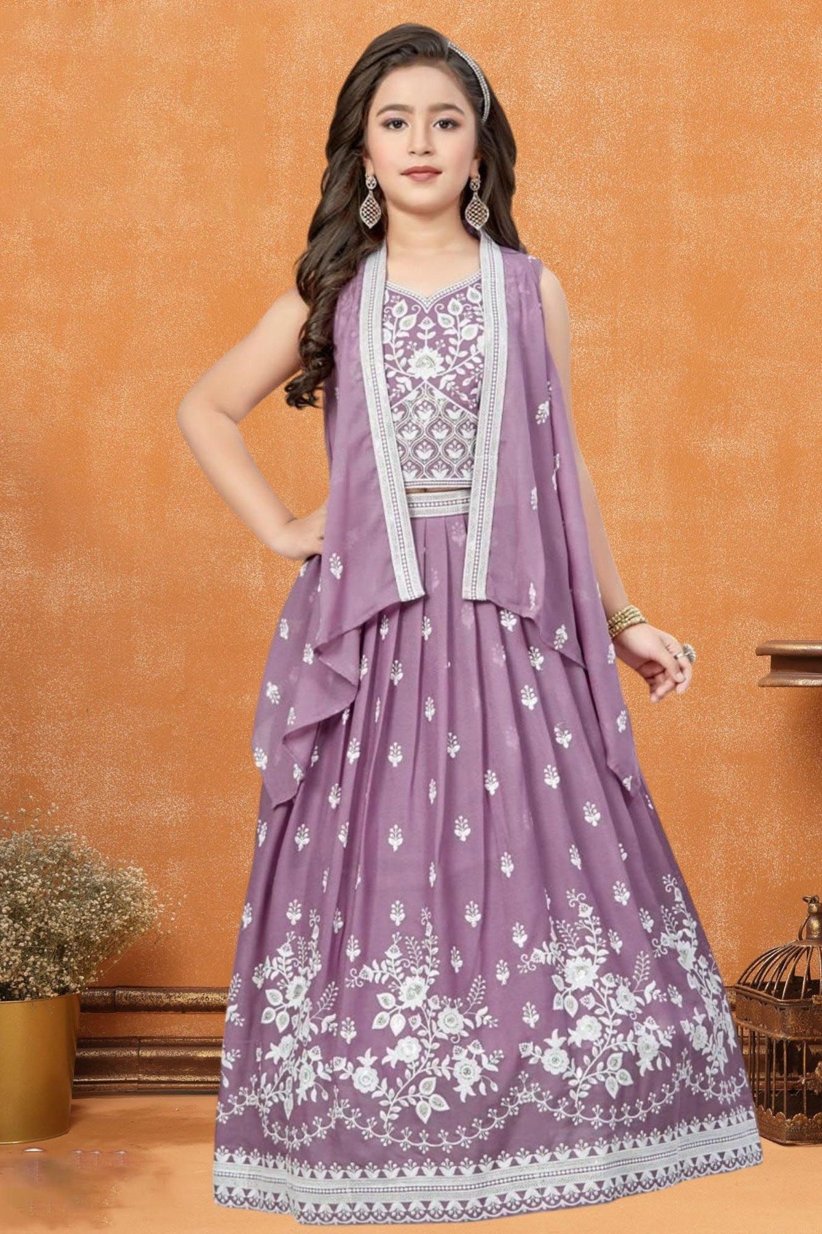Mauve Embroidered Lehenga Choli with Layered Jacket For Girls