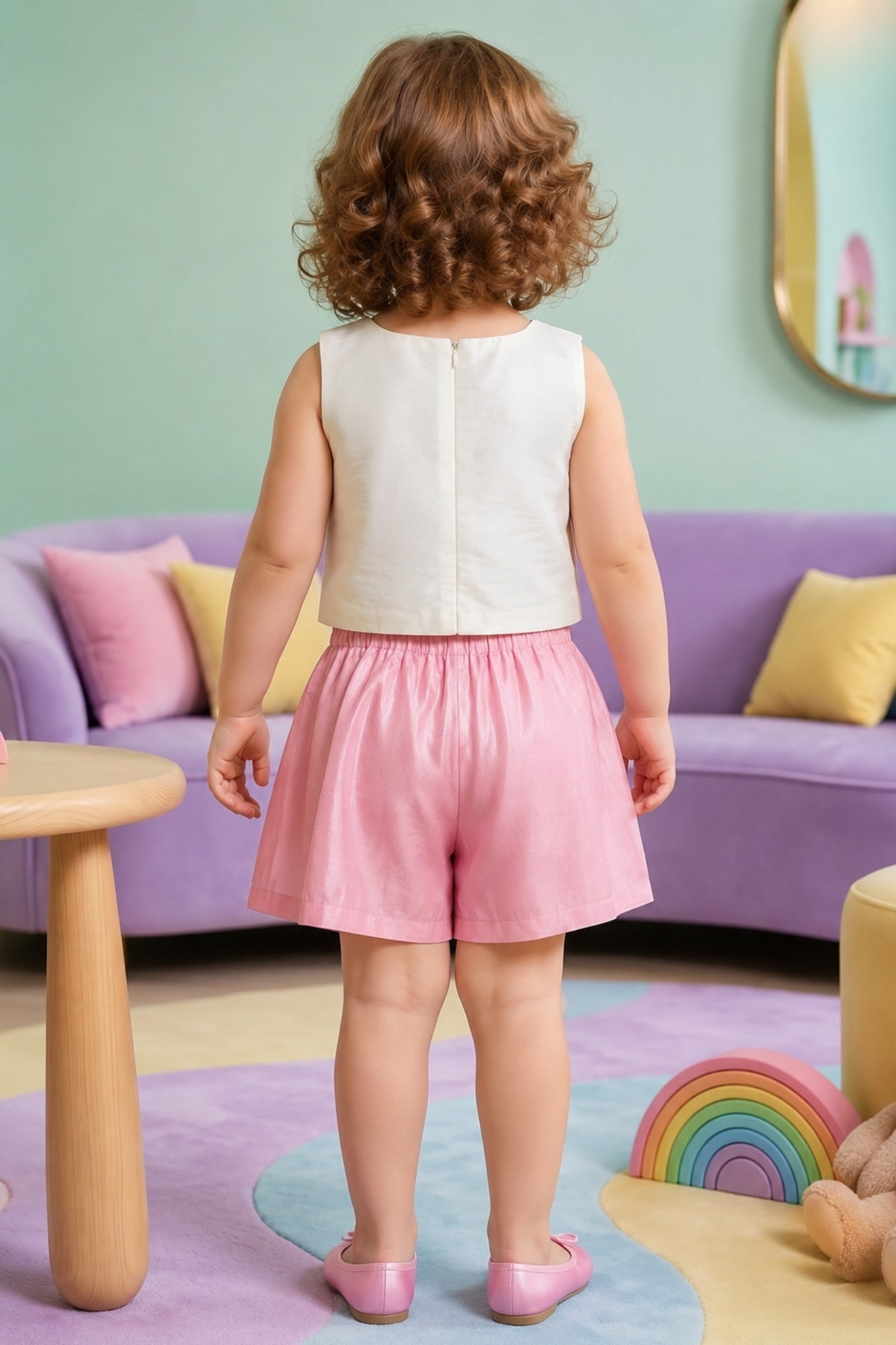 Girls Cream and Pink Floral Applique Top with Shorts Co Ord Set