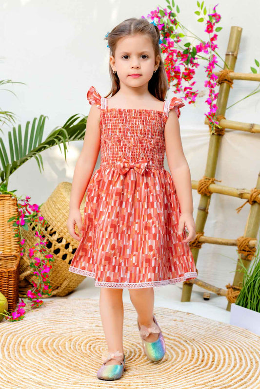 Red Ruffle Sleeveless Smocked Frock For Girls