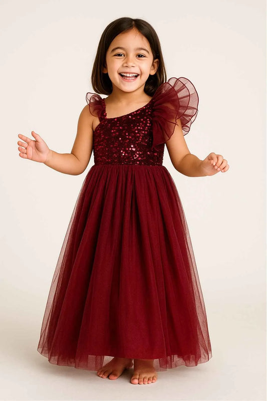 Maroon Sequins Embellishment Party Wear Gown For Girls