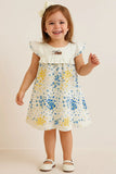 White & Yellow-Blue Floral Cotton Dress with Ruffle Sleeves For Girls