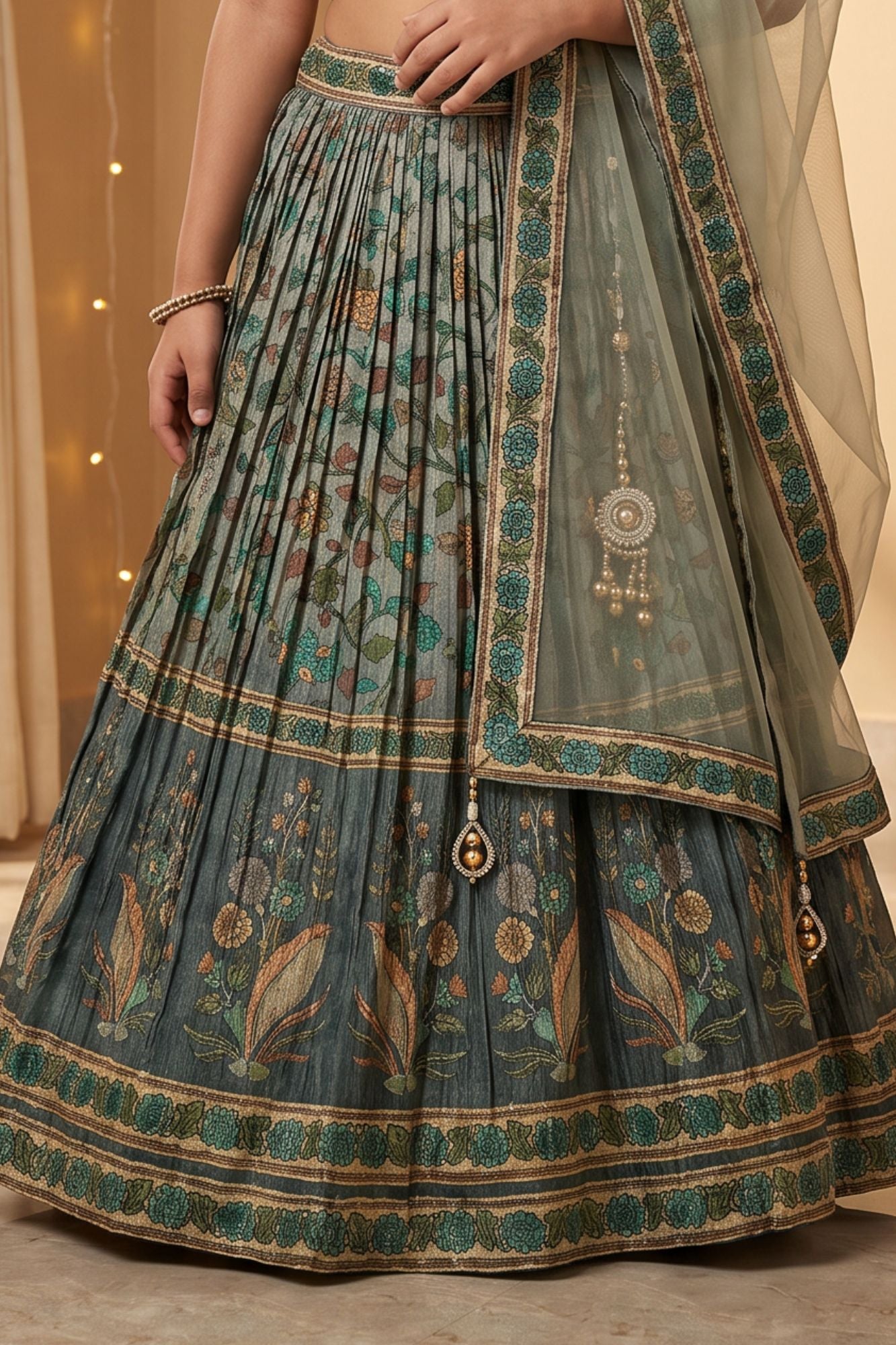 Sage Green Floral Printed Lehenga Choli Set with Dupatta