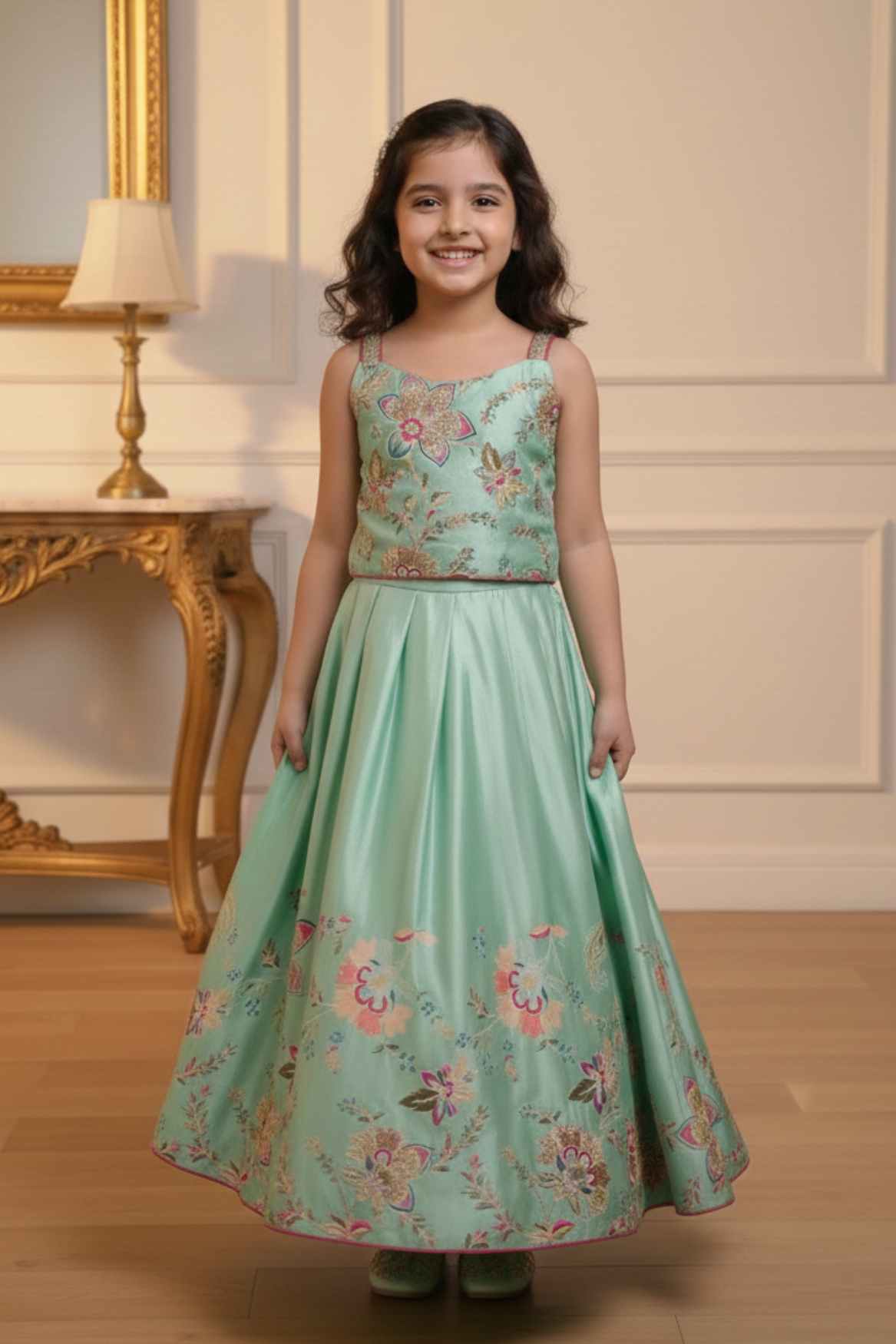 Sea Green Floral Embroidered Lehenga Choli Set For Girls