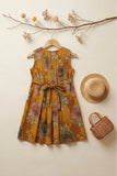 Girls Mustard Floral Printed Dress With Lace Panels and Pleats