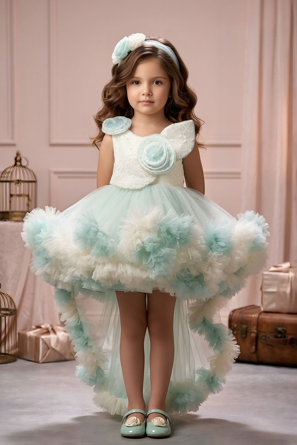 Girls Mint Green & Ivory High-Low Ruffle Party Dress