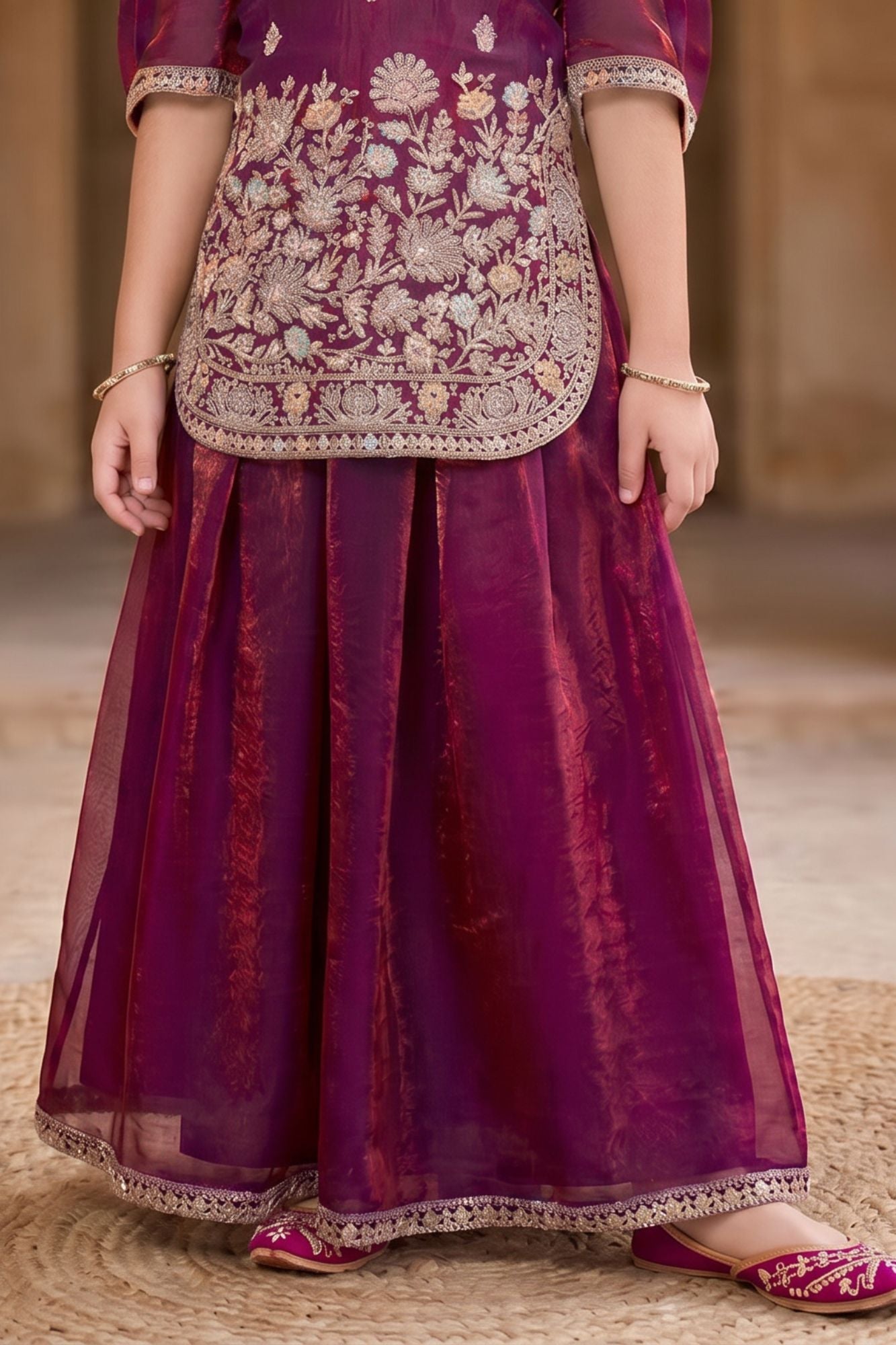 Wine Embroidered Palazzo Set For Girls