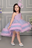 Blue Butterfly Tulle Party Frock with Layered Ruffles for Girls