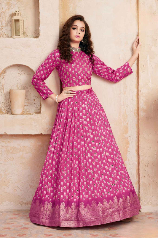 Rani Pink Printed Lehenga Choli With Sequin Work For Girls