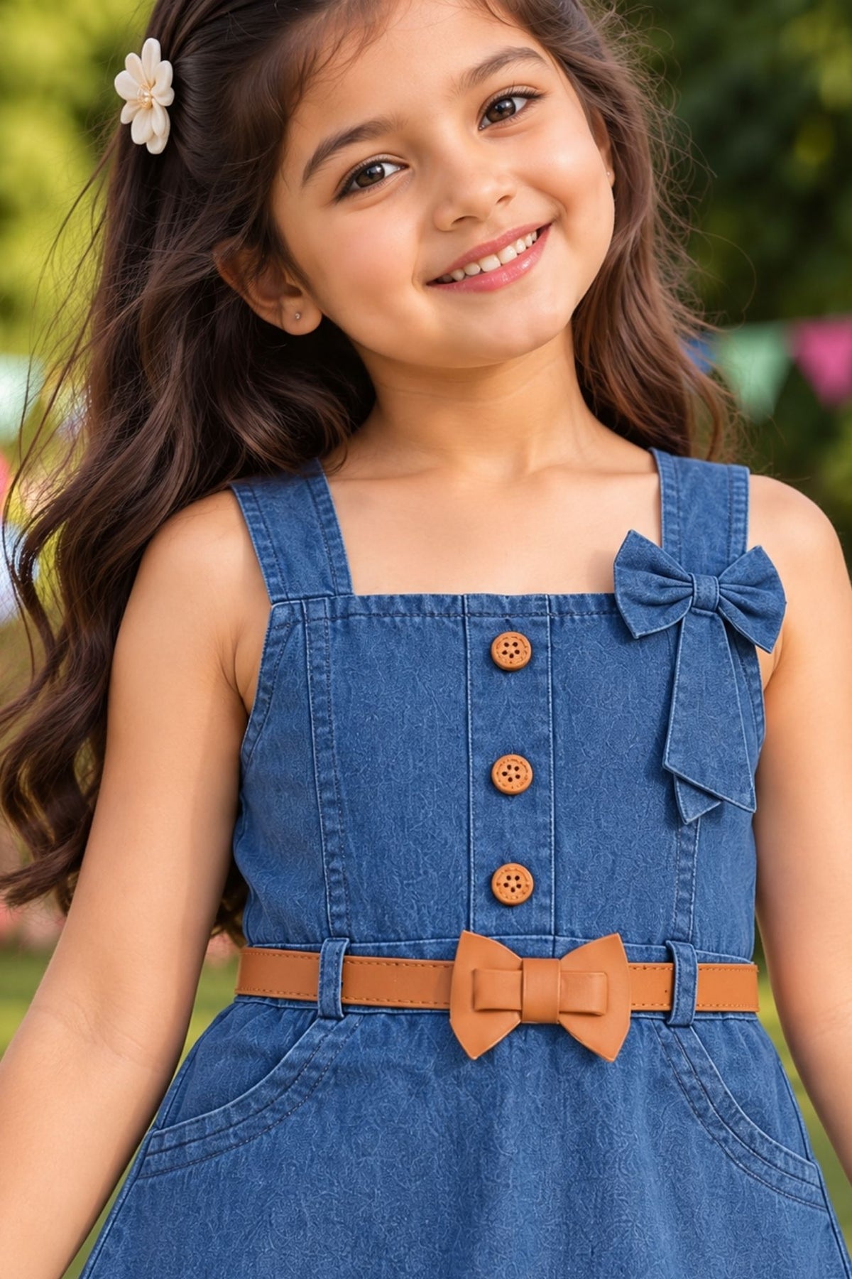 Girls Denim Blue Sleeveless Bow Detail Dress