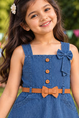 Girls Denim Blue Sleeveless Bow Detail Dress