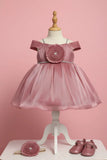 Onion Pink Party Frock with Pleated Flower Appliqué and Shimmer Finish For Girls