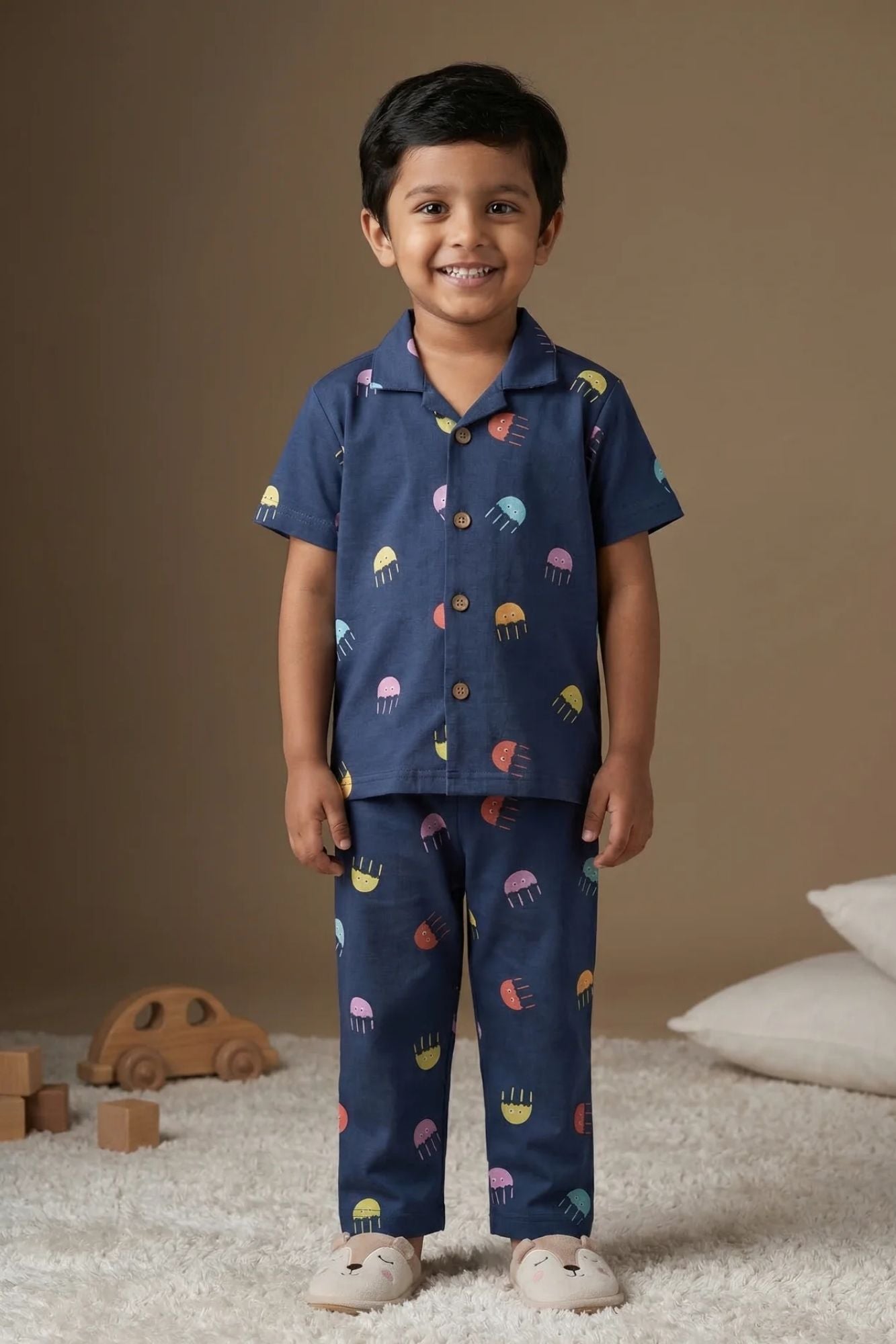 Navy Blue Jellyfish Print Night Suit Set For Boys