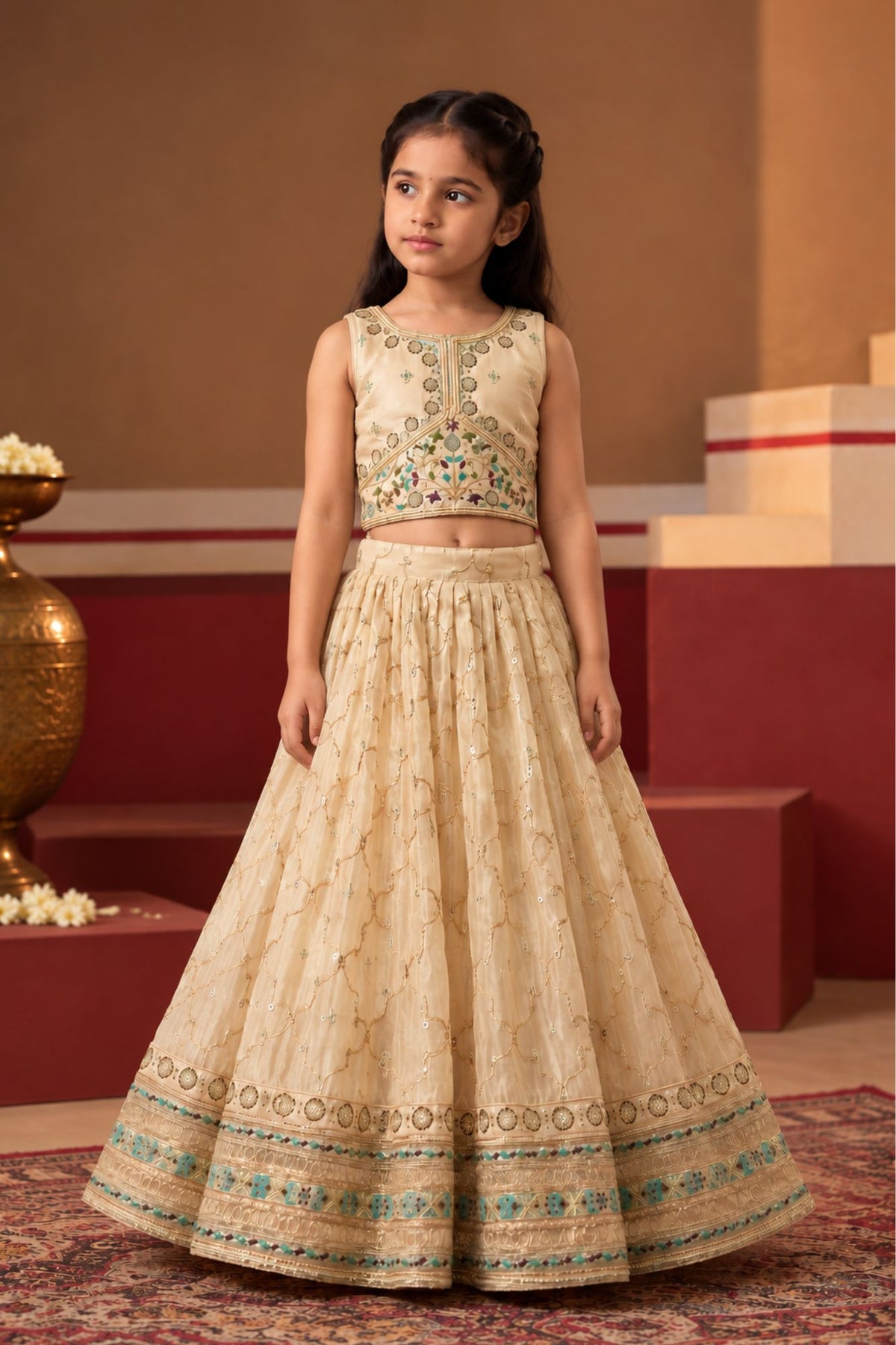 Cream Zari Embroidered Lehenga Choli For Girls