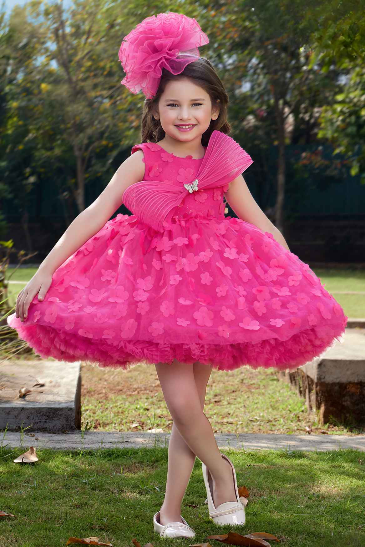 Blossom Sparkle Pink Bow And Floral Embellished Party Dress for Girls