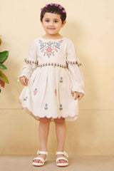 Stylish Off White Casual Frock With Embroidery For Girls