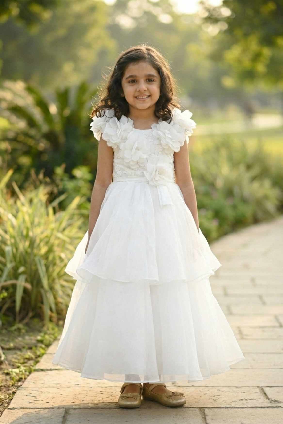 Cream Ruffle Layered Party Gown For Girls
