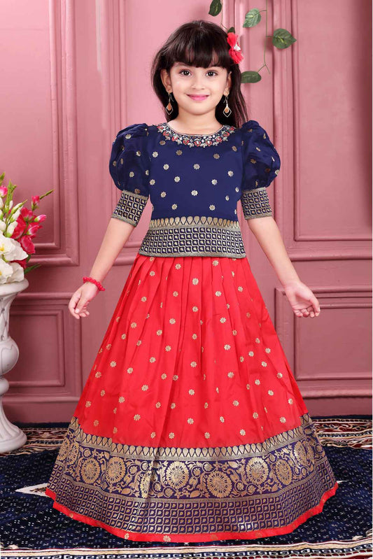 Navy Blue and Red Pattu Pavadai Set With Intricate Zari Border For Girls