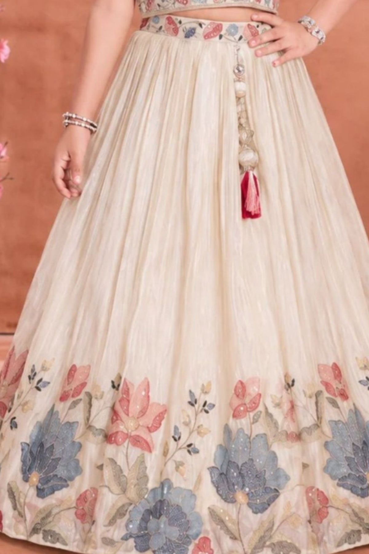 Girls Elegant Ivory Floral Embroidered Lehenga Choli Set