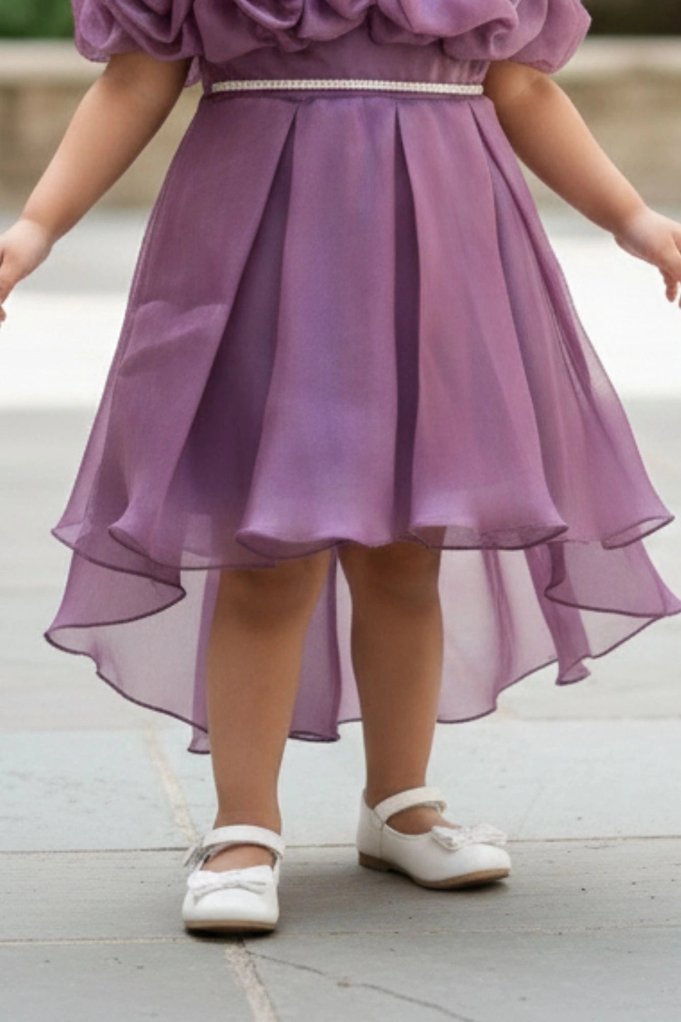 Purple Ruffle Layered Party Wear Frock With Shimmer Strap For Girls