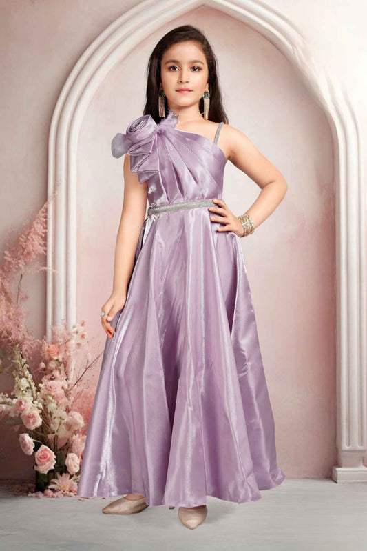 Designer Lavender Satin Gown With Stone Waist Band For Girls