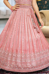 Peach Sleeveless With Mirror Work And Embroidery Lehenga Choli For Girls