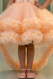 Girls Peach Party Frock with Floral Applique and Layered Tulle