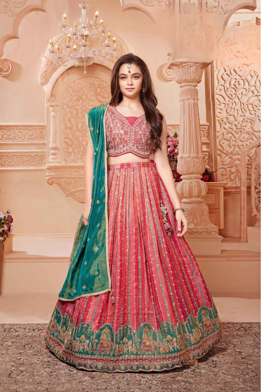 Rani Pink And Green Heavy Embroidered Lehenga Choli Set With Dupatta For Girls