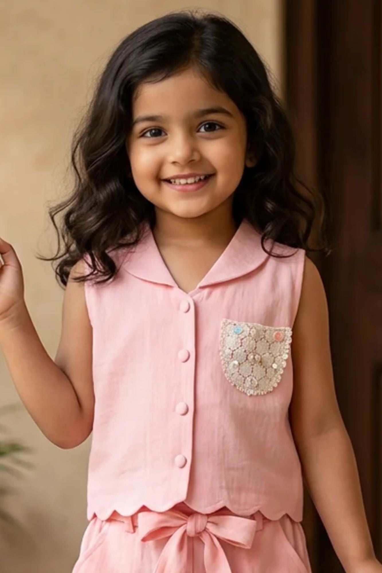 Girls Pink Sleeveless Embroidered Co-Ord Set with Wide Leg Pants