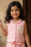 Girls Pink Sleeveless Embroidered Co-Ord Set with Wide Leg Pants