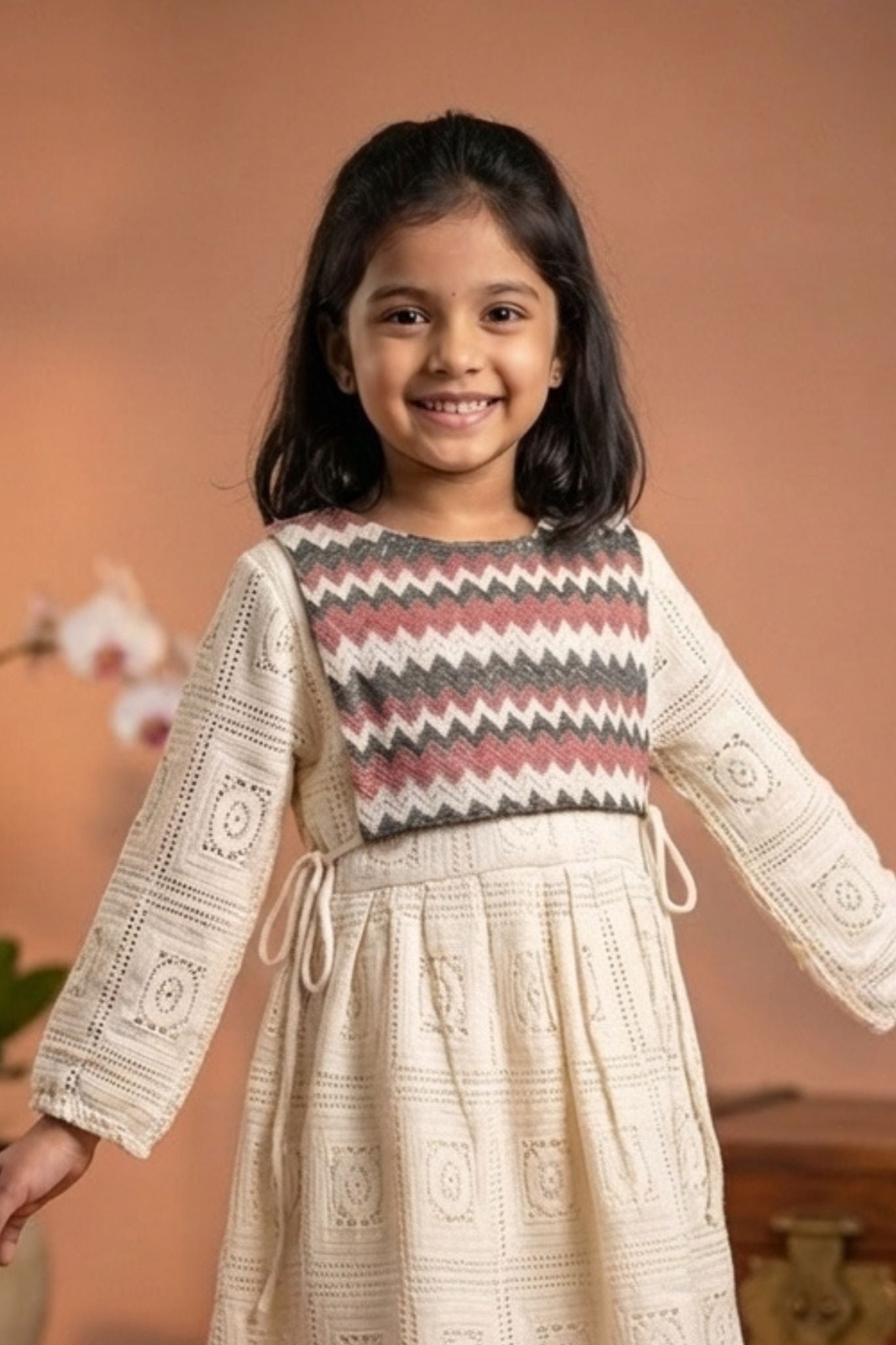 Cream Crochet Dress with Zigzag Yoke Detail Dress For Girls – Lagorii Kids
