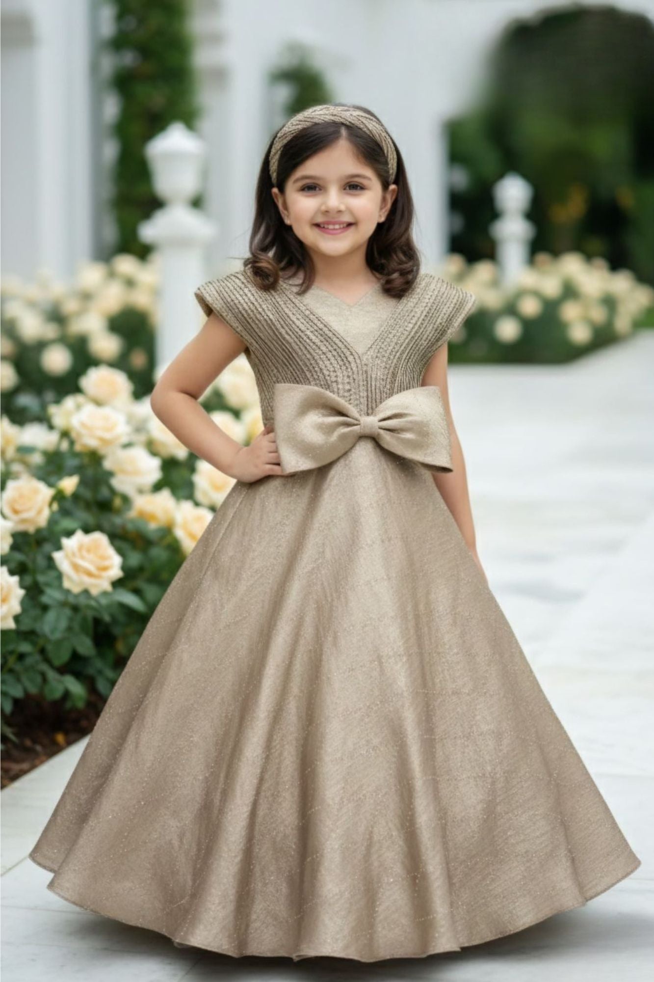 Fawn Shimmer Bow Detail Party Gown For Girls