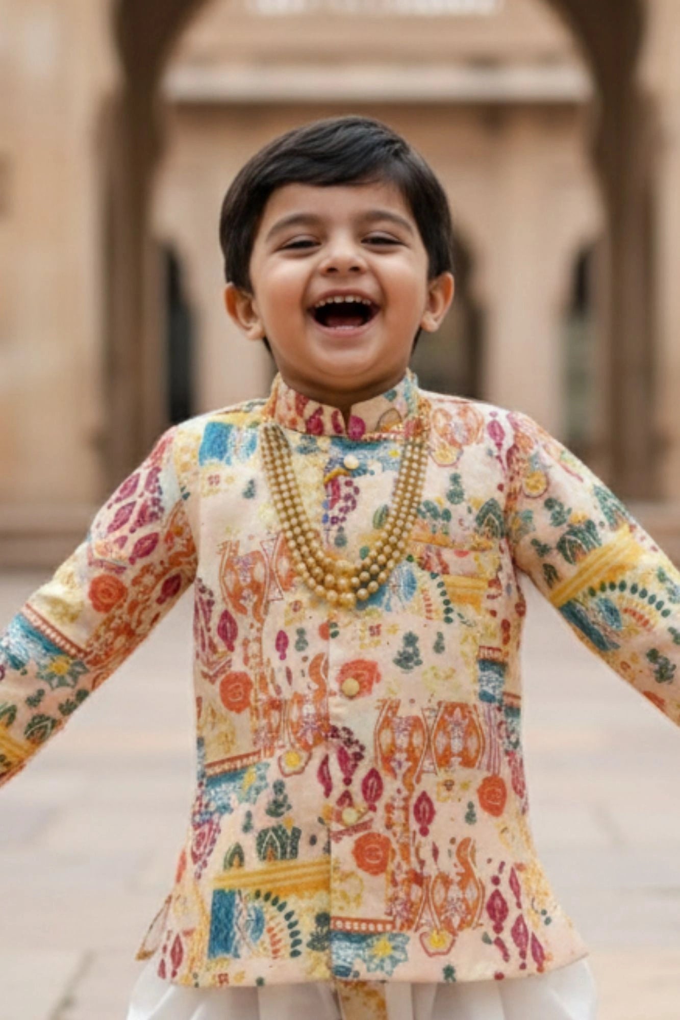 Cream Multicolor Ethnic Printed Kurta Dhoti Set for Boys